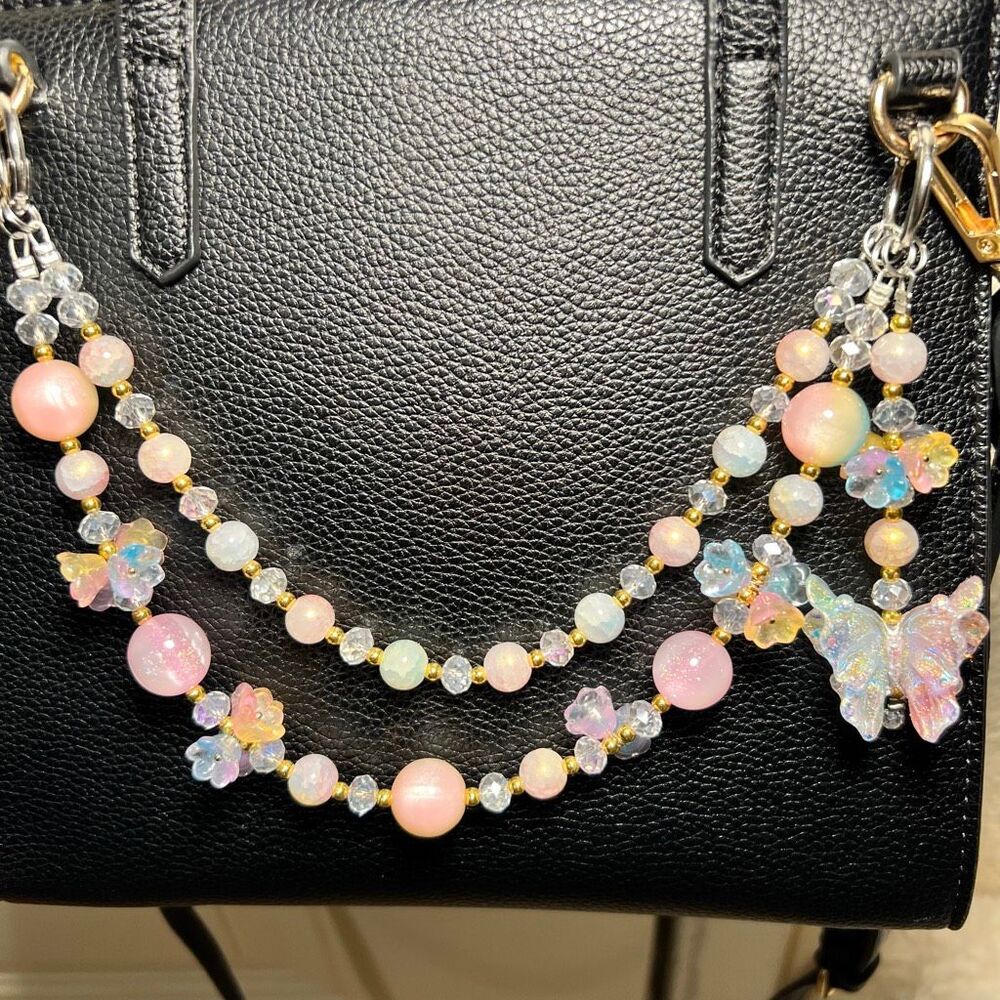 Handmade Beaded Bag Charm Clip on Chain Whimsical Pearl Pastel Butterfly  12 in